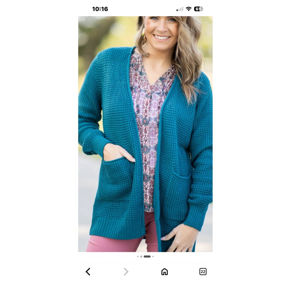 Zenana Womens Teal Blue Waffle Knit Open Front Cardigan Sweater XL Pockets
